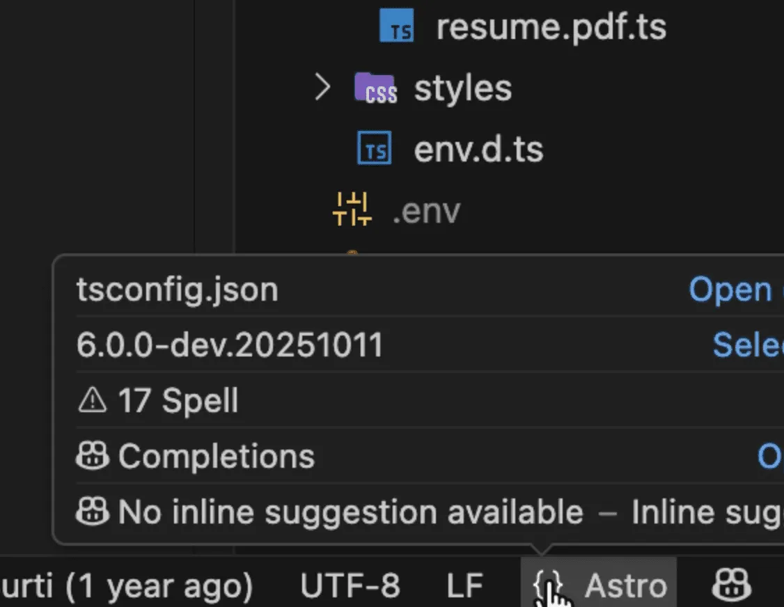 Status bar of VS Code displaying typescript version used