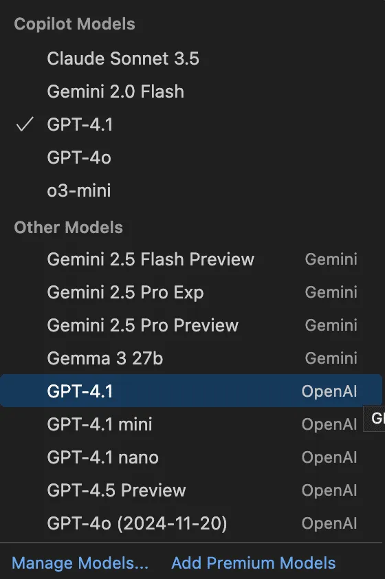 github copilot chat vscode panel (selecting AI model) now updated with model categorization