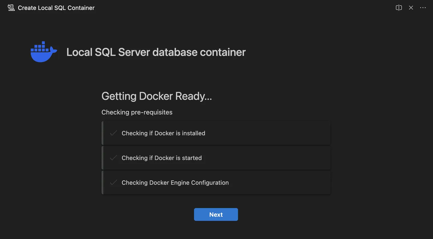 adding new connection in mssql vscode extension (local sql container). step 2: checks