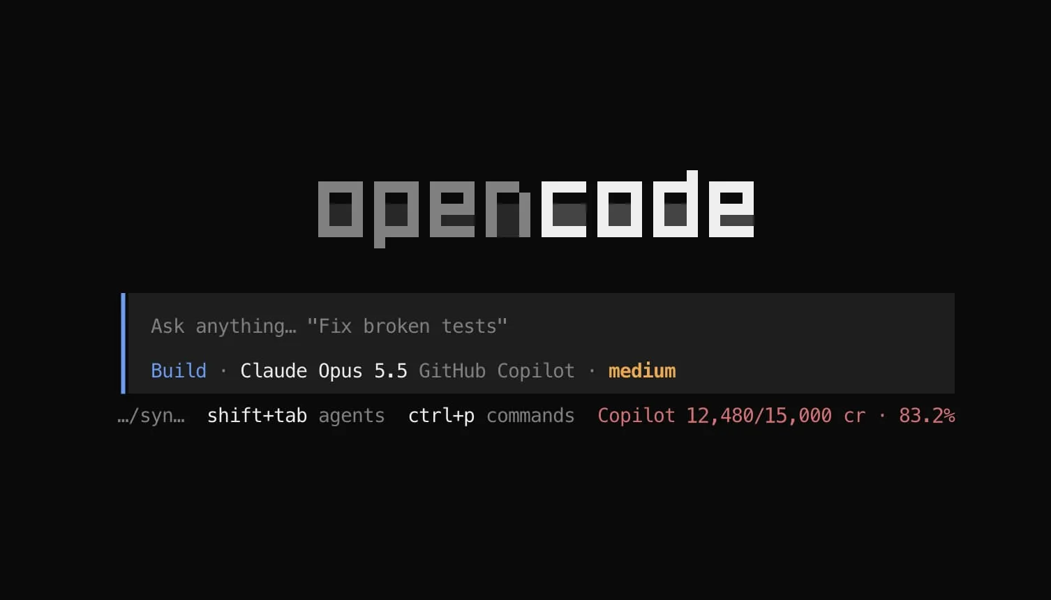 OpenCode prompt with a GitHub Copilot model selected, showing Copilot 12,480/15,000 cr · 83.2% in the footer