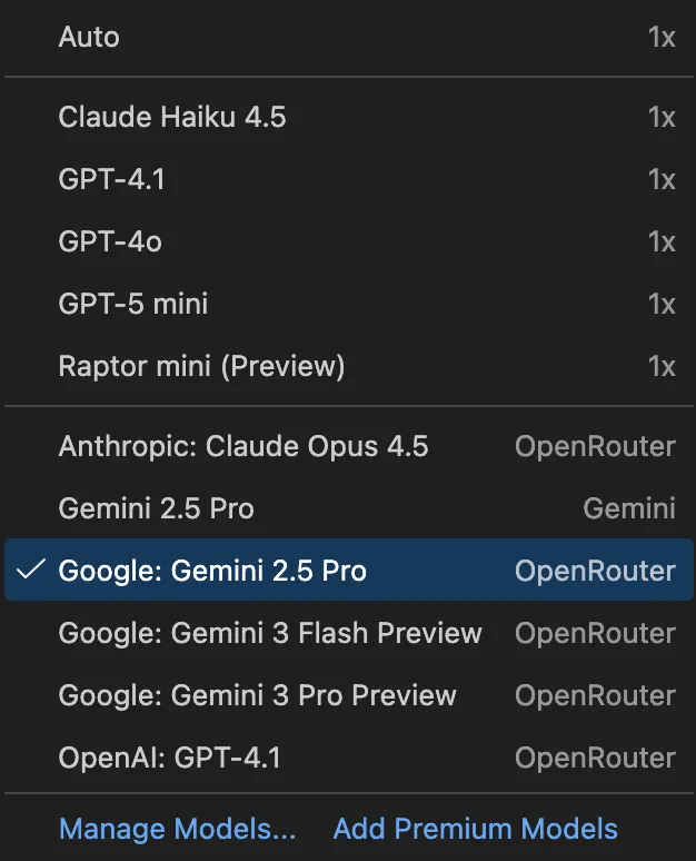 github copilot chat vscode panel (selecting AI model)