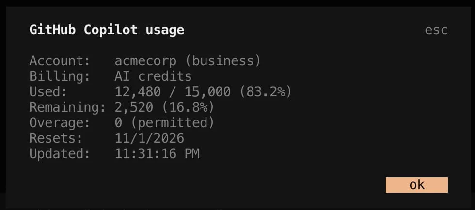The /copilot dialog in OpenCode showing account, billing, used, remaining, overage, reset date, and last updated time