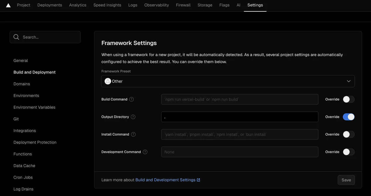 modifying output directory of a project in vercel