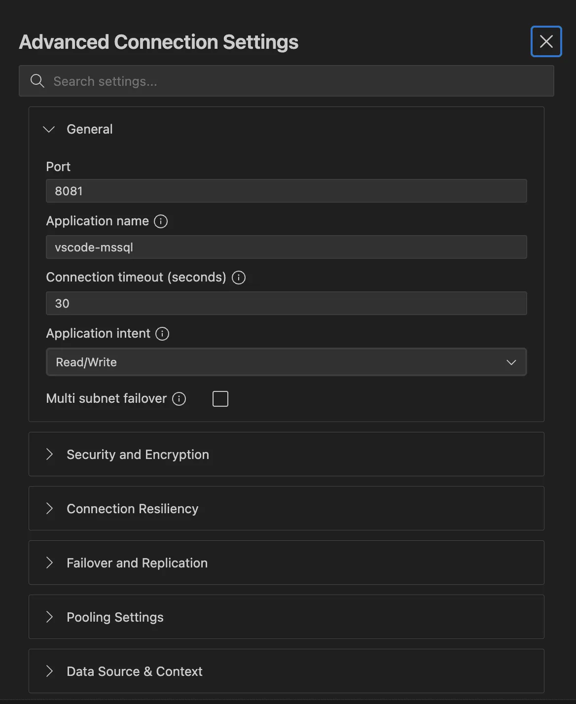 adding new connection in mssql vscode extension (advanced settings)