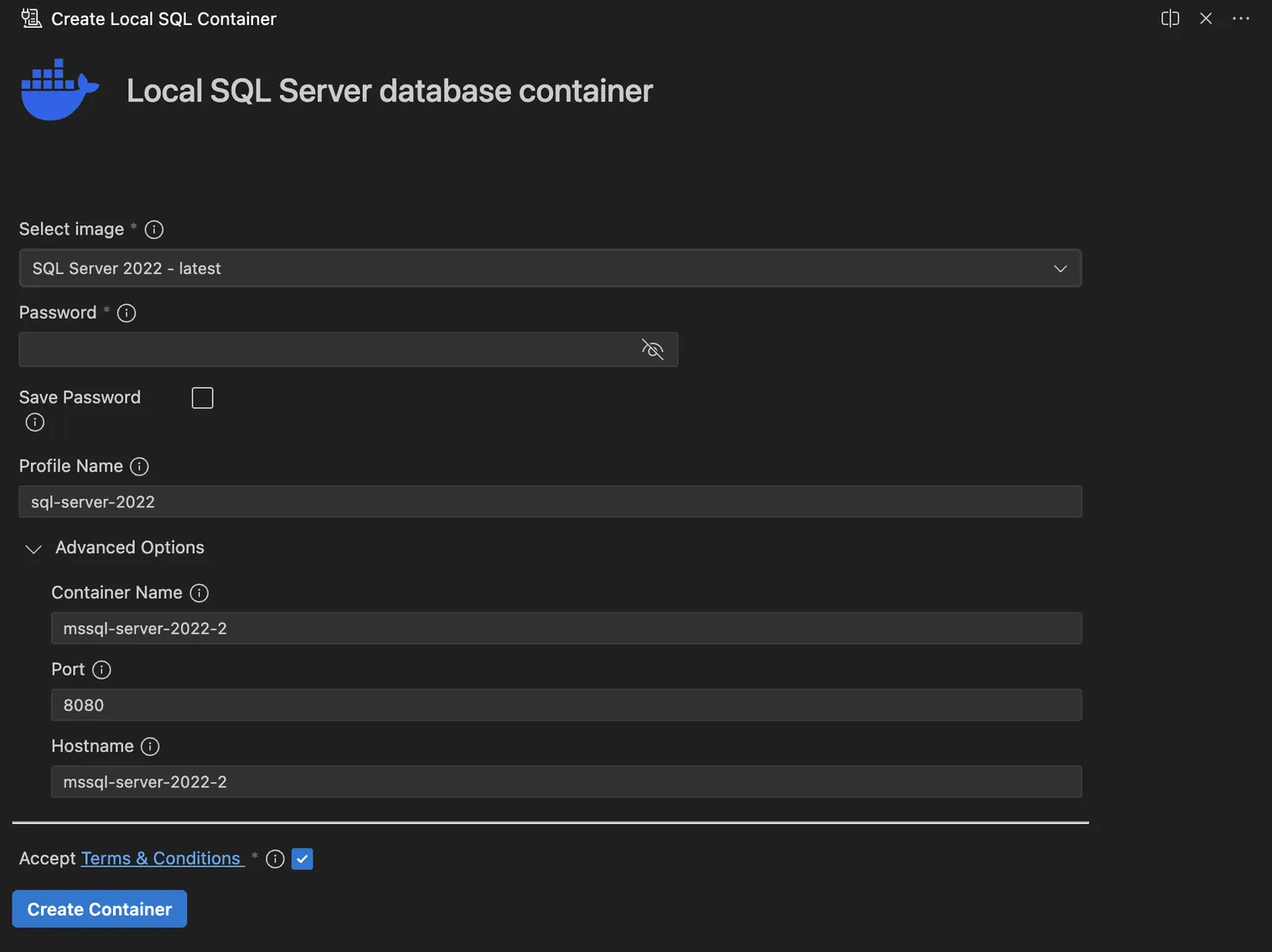 adding new connection in mssql vscode extension (local sql container). step 3: enter config details