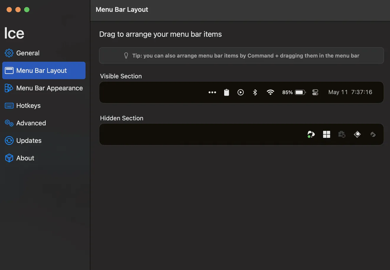 menu bar layout tab under Ice's settings