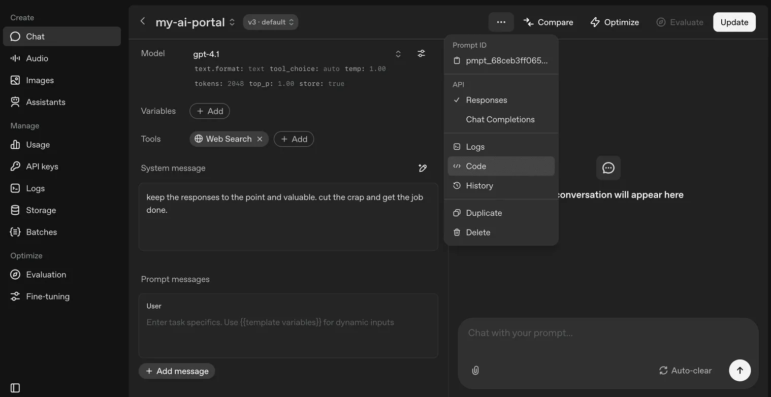 OpenAI API Platform Dashboard - Prompt Edit Mode